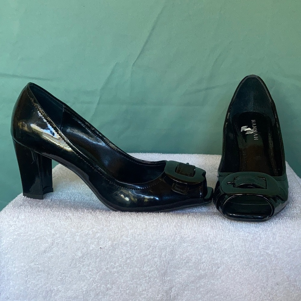 Black shiny peep toe dress heels